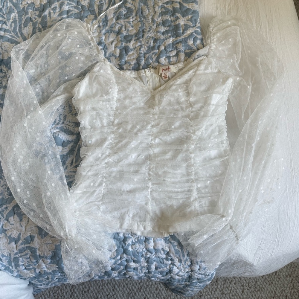 peach White Ruched Blouse with Sheer Sleeves